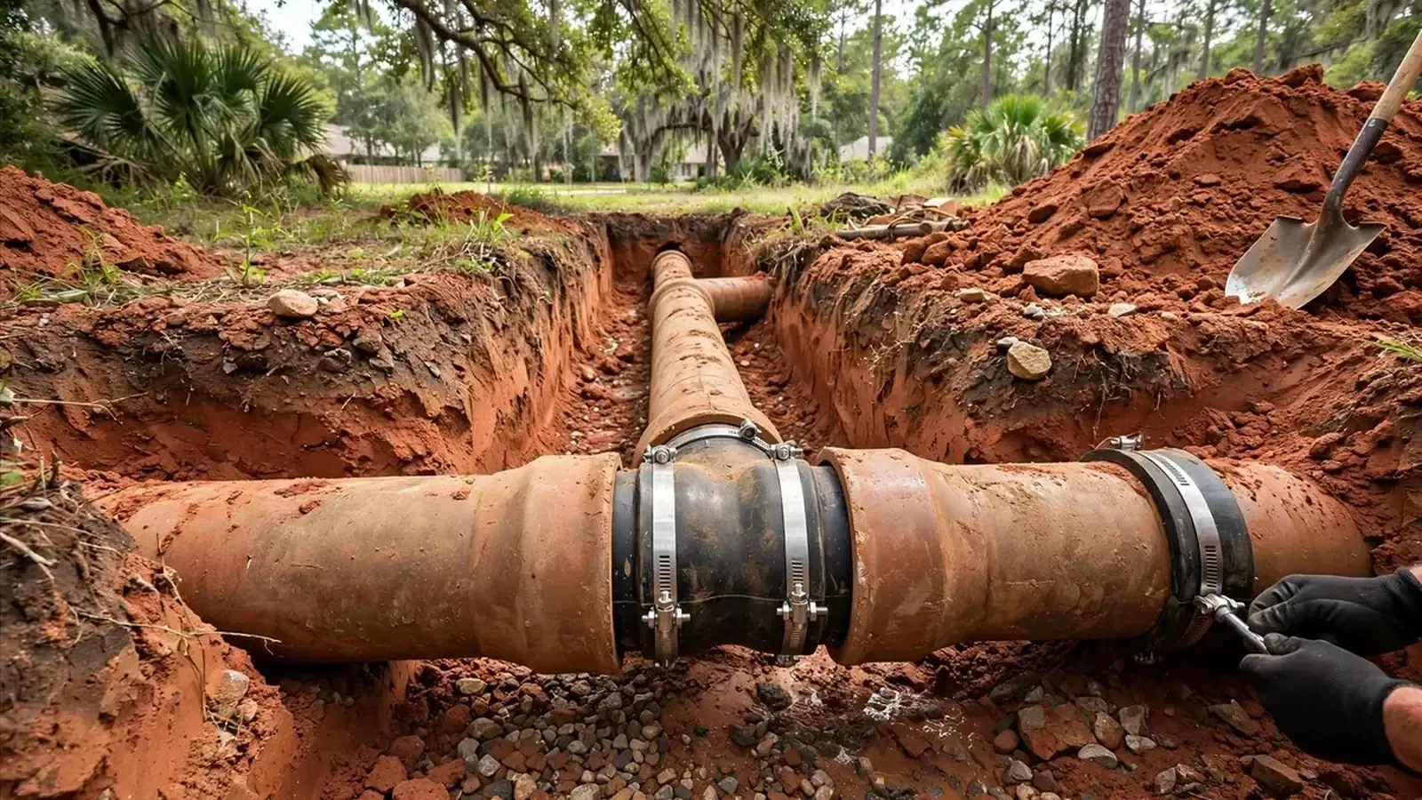Exposed section of underground sewer pipe in a trench with repair couplings fitted