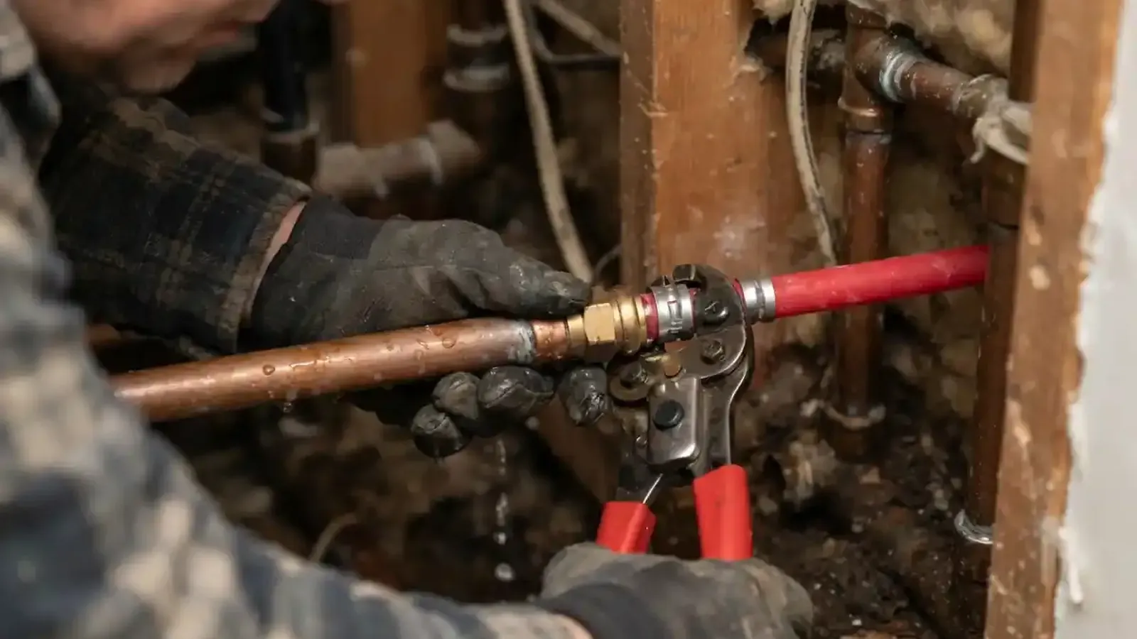 Plumber's gloved hands tightening a repair fitting on a copper pipe inside a wall cavity