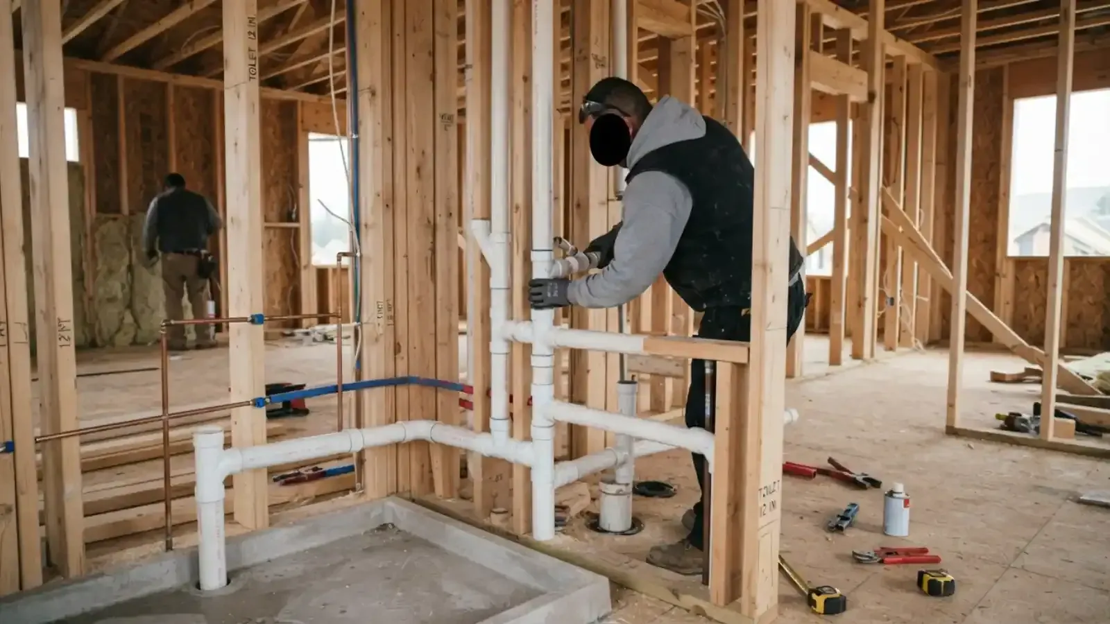 Plumber working on new drain and supply piping in an open framed wall
