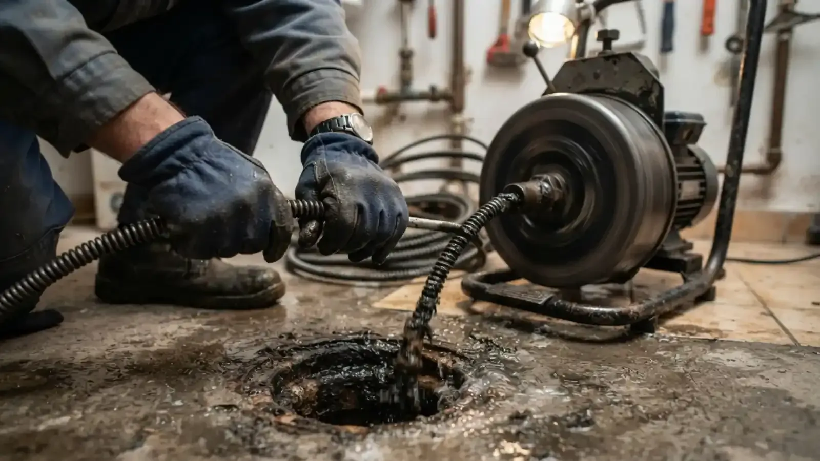 Plumber feeding a drain machine cable into a drain in a utility room
