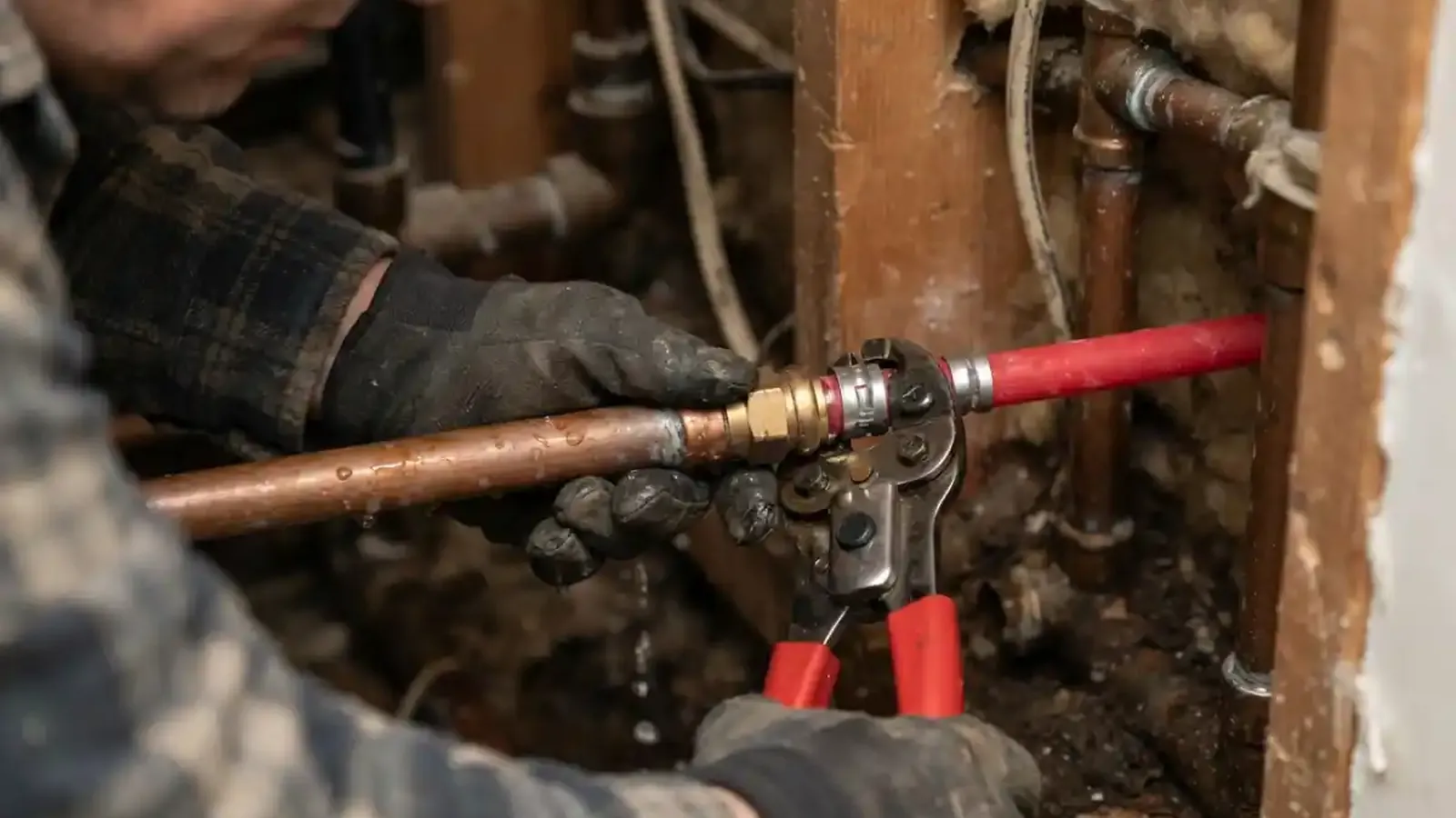 Plumber's gloved hands tightening a repair fitting on a copper pipe inside a wall cavity