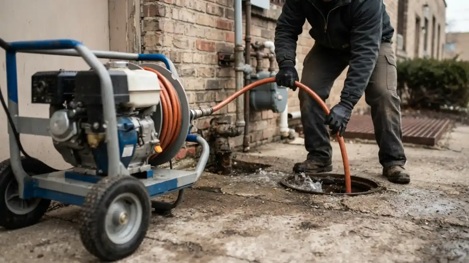 Plumber guiding a hose from a portable hydro jetting machine into a drain cleanout