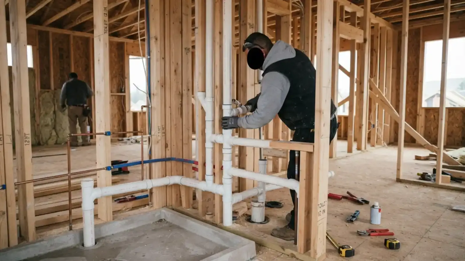 Plumber working on new drain and supply piping in an open framed bathroom wall
