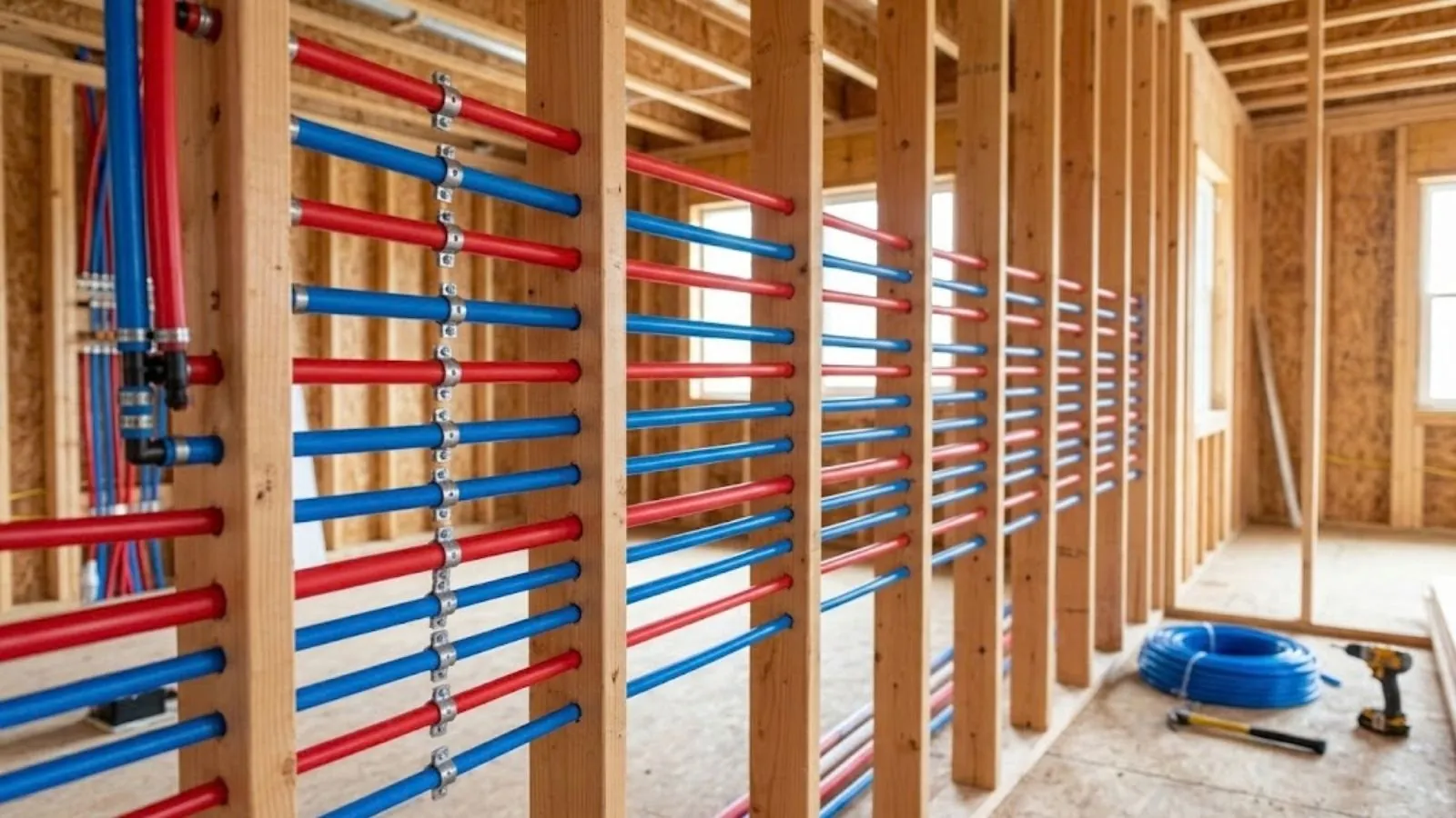 Wall studs fitted with new red and blue PEX supply lines during a whole-house repipe