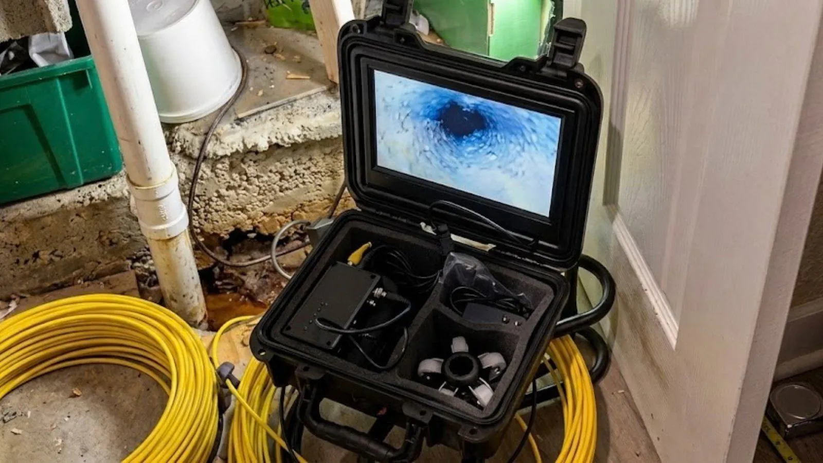 Sewer camera monitor case with coiled yellow push cable beside a cleanout access