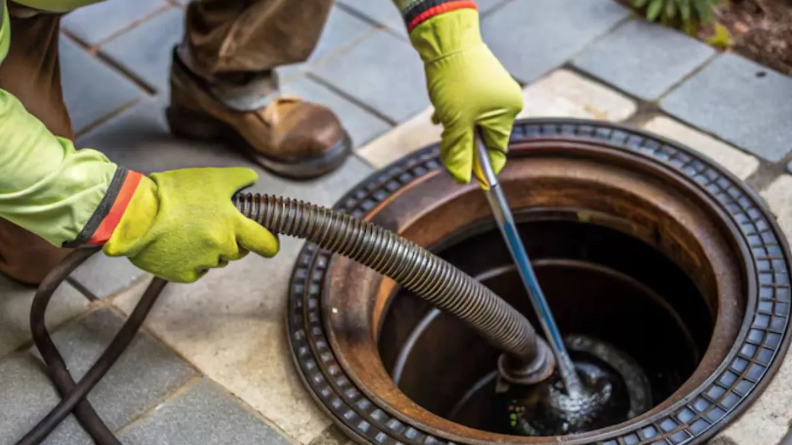 Gloved worker running a cleaning cable down a ground-level sewer cleanout