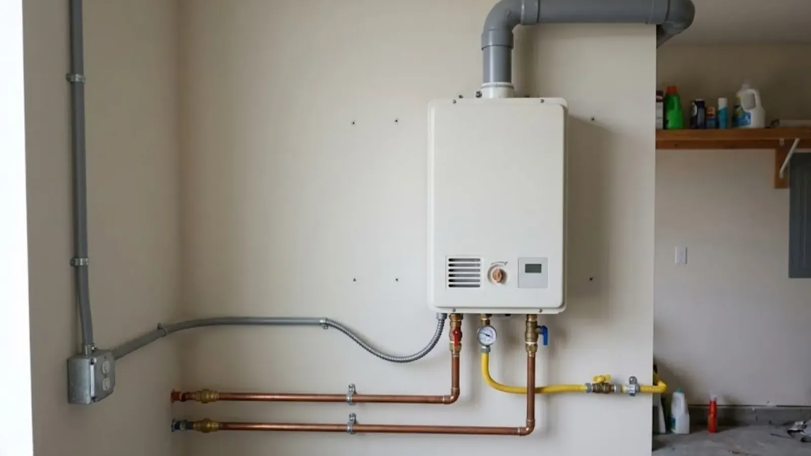 Wall-mounted tankless water heater with copper water lines and gas connection
